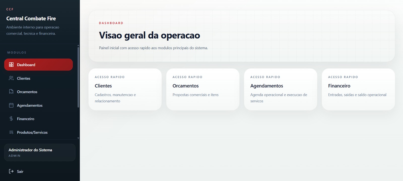 Tela de login do projeto Central Combate Fire
